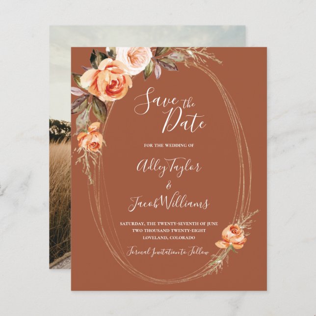 Budget Terracotta Boho Foto Wedding Save the Date (Vorne/Hinten)