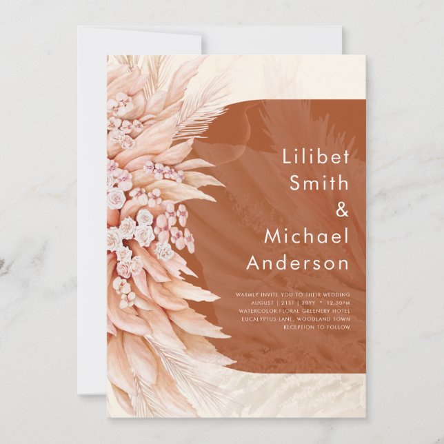 BUDGET Terracotta Coral Pampas Grass Wedding Einladung (Vorderseite)