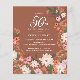 Budget Terracotta Floral 50. Geburtstag Einladung