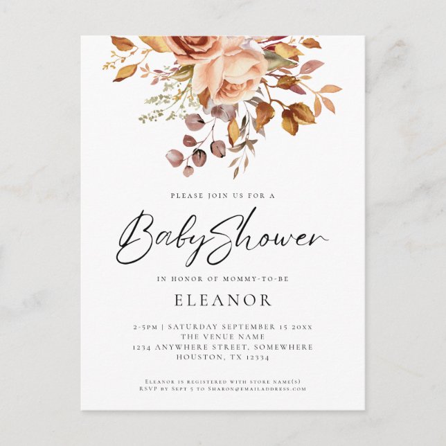Budget Terracotta Florals Baby Dusche Einladung Postkarte (Vorderseite)
