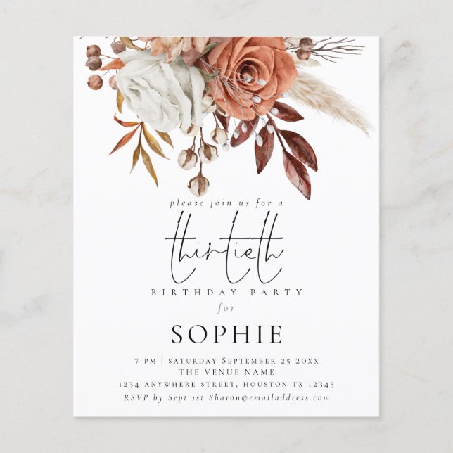 Budget Terracotta Florals Script 30. Party Einladu (Vorderseite)
