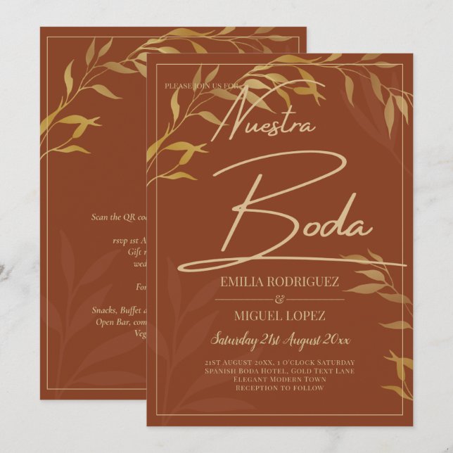 Budget Terracotta GOLD Nuestra Boda Spanish Weddin Einladung (Vorne/Hinten)