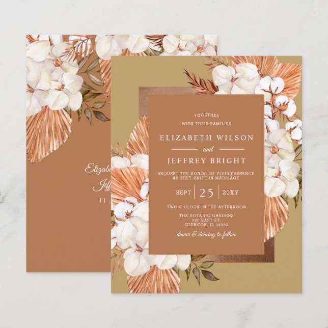 Budget Terracotta Gold Pampas Hochzeit Einladung (Vorne/Hinten)