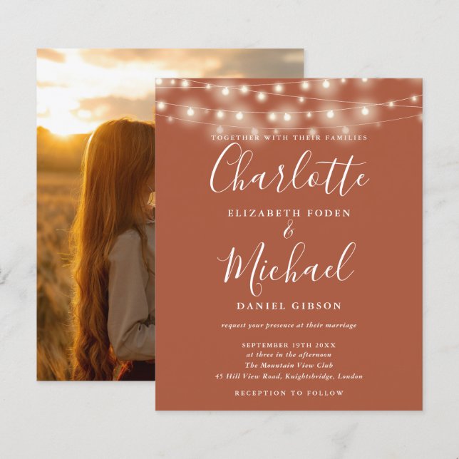 Budget Terracotta Lights Foto Hochzeit Einladung (Vorne/Hinten)