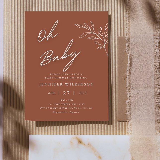 Budget Terracotta Minimalistisch Babydusche Einladungspostkarte (Budget Terracotta Minimalist Baby Shower Invitation Postcard)