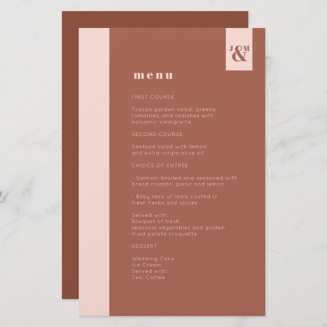 Budget Terracotta Moderne Monogramme Menu Mariage (Devant / Derrière)