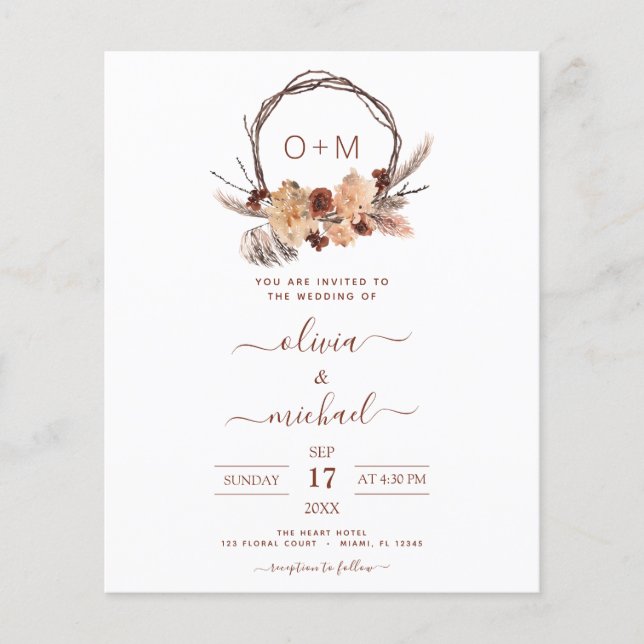 Budget Terracotta Pampas Grass Monogram Wedding Flyer (Vorne)
