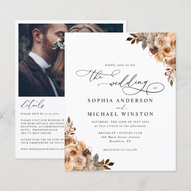 Budget Terracotta Rose Floral Foto Hochzeit Einlad (Vorne/Hinten)