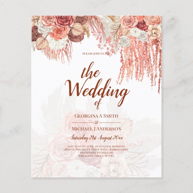 BUDGET Terracotta Rose Pampas Grass Floral Wedding Flyer (Vorne)