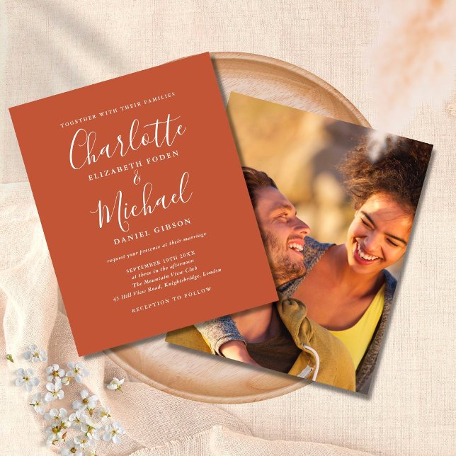 Budget Terracotta Script Foto Hochzeit Einladung (Von Creator hochgeladen)