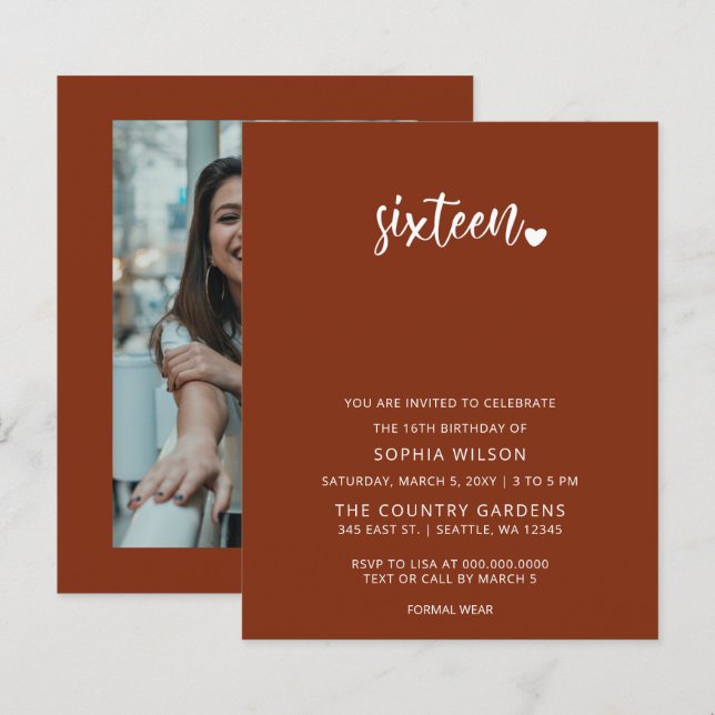 Budget Terracotta Script Sweet 16 Foto Einladung (Vorne/Hinten)