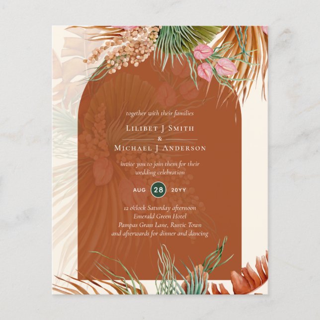 BUDGET Terracotta Tropical Pampas Grass Wedding Flyer (Vorne)