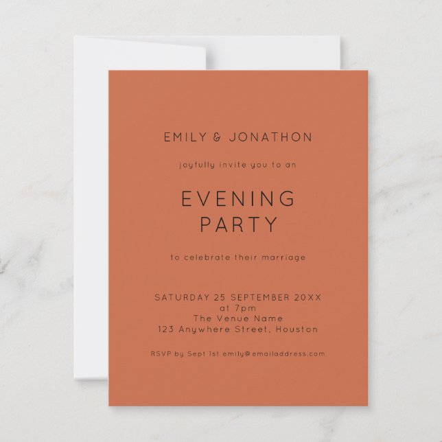 Budget Terracotta Wedding Abend Party Einladung (Vorderseite)