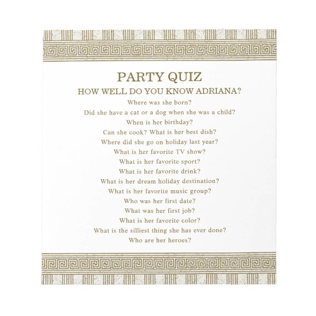 Budget Toga-Party-Quiz Notizblock (Vorderseite)