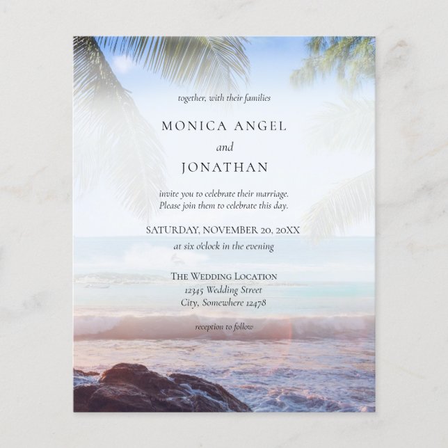 Budget Tropical Beach Palm Wedding Flyer (Vorne)