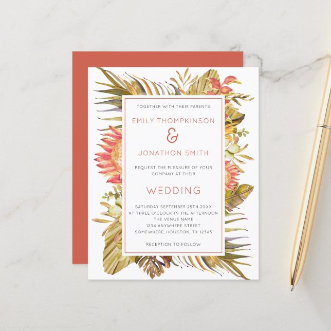 Budget Tropical Foliage Florals Hochzeitsempfehlun (Vorderseite/Rückseite Beispiel)
