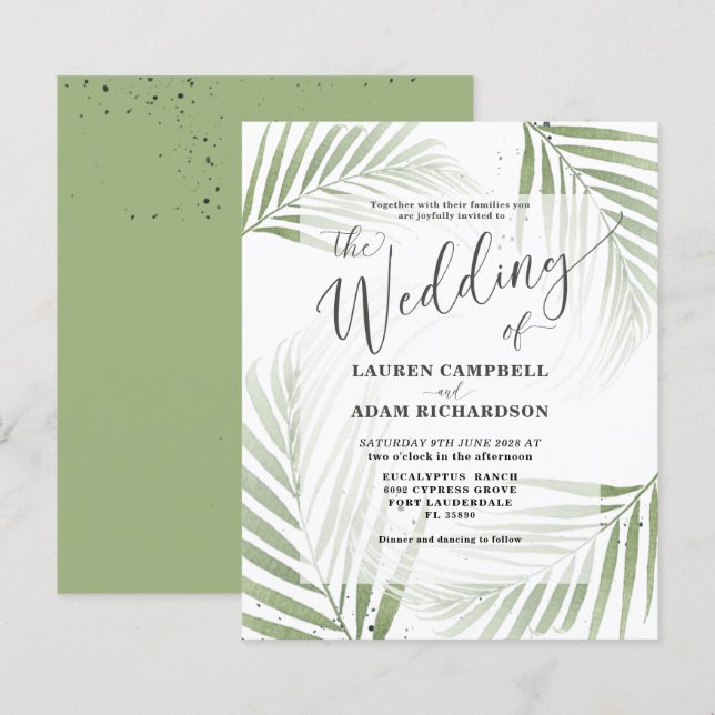 Budget Tropical Foliage Green Wedding Einladung (Vorne/Hinten)