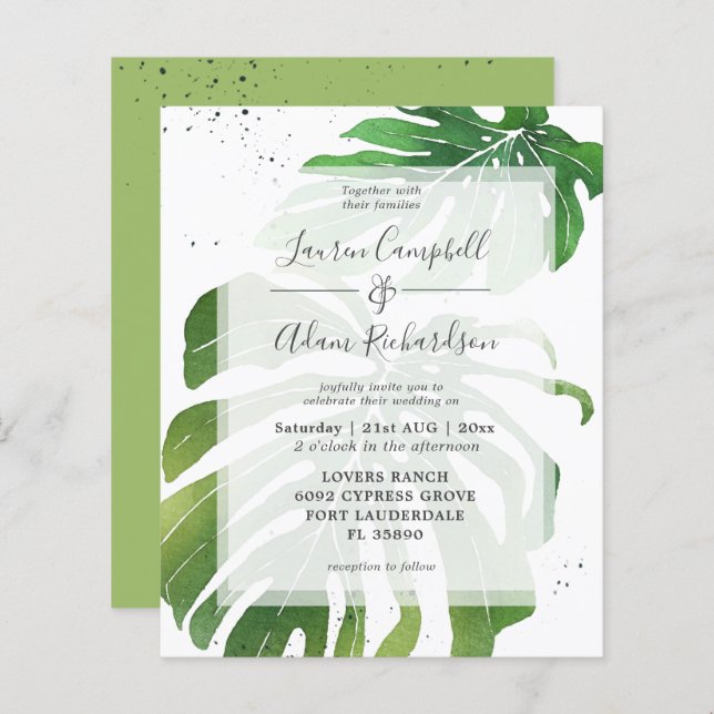 Budget Tropical Foliage Green Wedding Einladung (Vorne/Hinten)