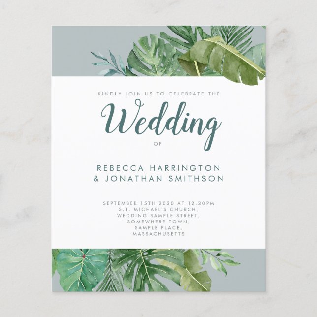 Budget Tropical Greenerity Gray Wedding Einladung (Vorderseite)
