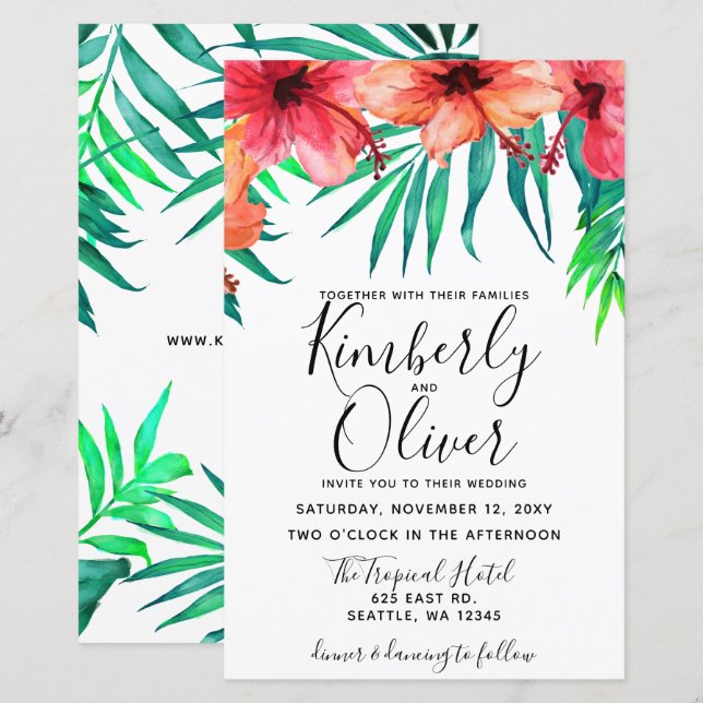 Budget Tropical Hibiskus Beach Hochzeit Einladung (Vorne/Hinten)
