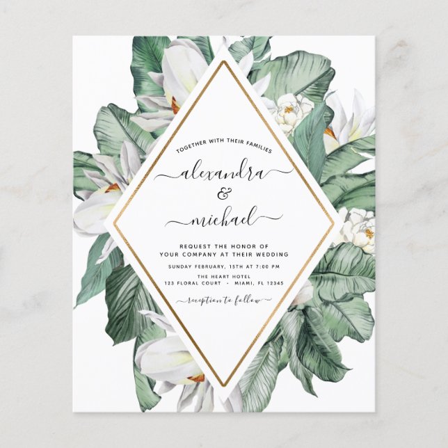 Budget Tropical Magnolia Hochzeitseinladungen (Vorderseite)