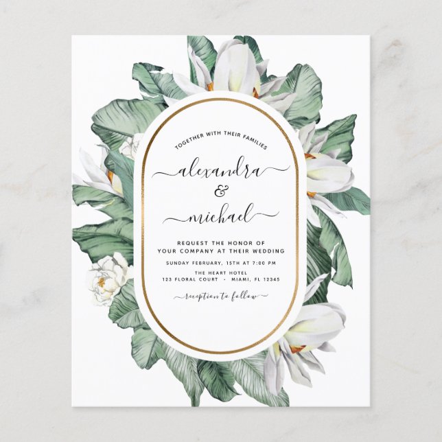 Budget Tropical Magnolia Hochzeitseinladungen (Vorderseite)