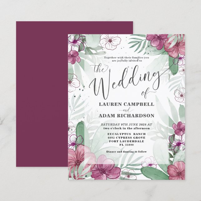 Budget Tropical Maroon & Green Wedding Einladung (Vorne/Hinten)