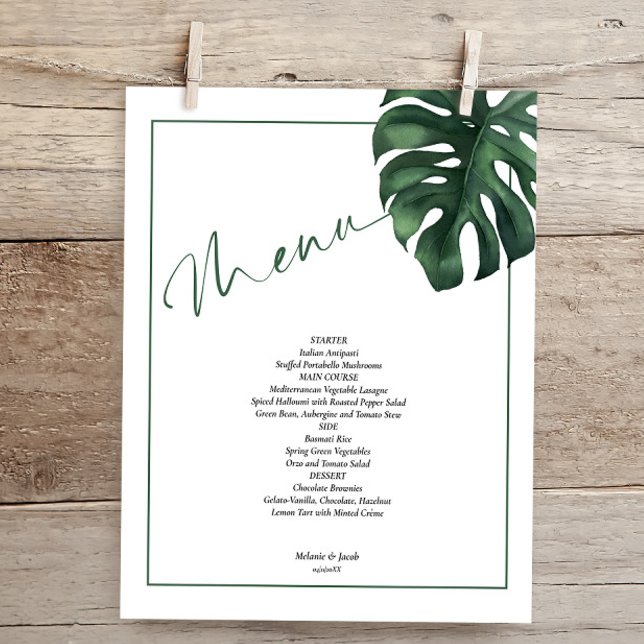 Budget Tropical Monstera Leaf Wedding Menu Flyer (Von Creator hochgeladen)