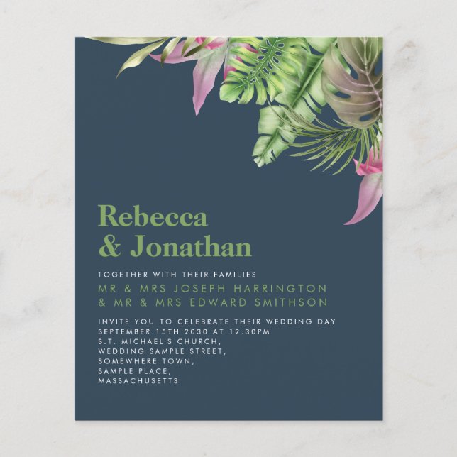 Budget Tropical Navy Blue Minimal Hochzeit Einladu (Vorderseite)