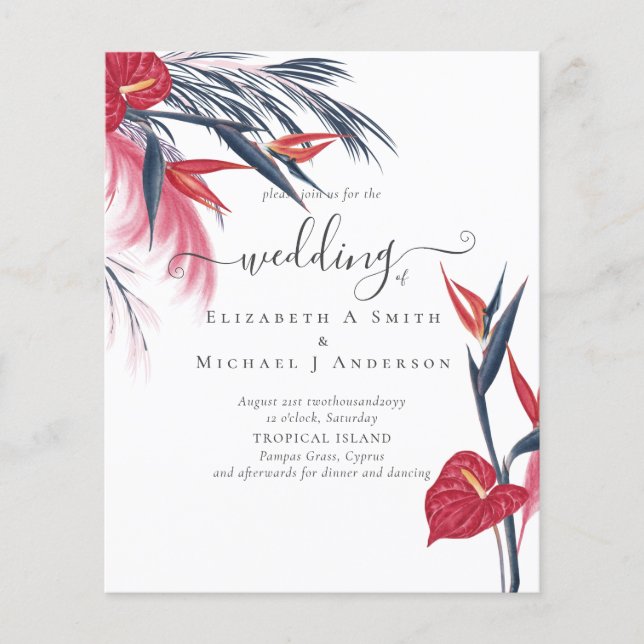 BUDGET Tropical Pampas Grass Navy Berry Wedding Flyer (Vorne)