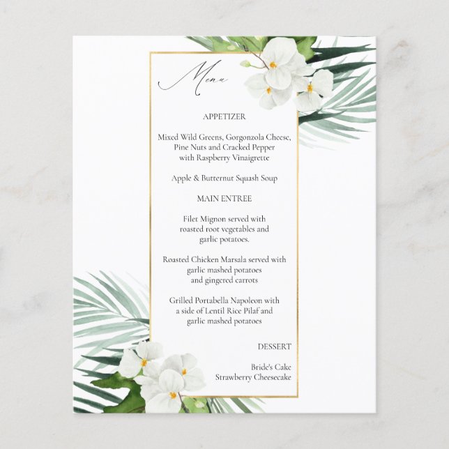 Budget Tropical White Floral Menu Flyer (Vorne)
