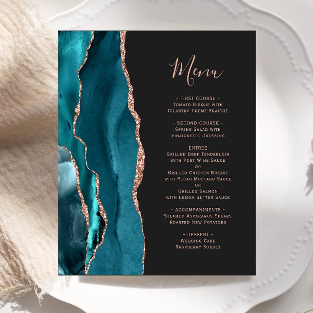 Budget Turquoise Rose Gold Agate Dark Mariage Menu (Créateur téléchargé)