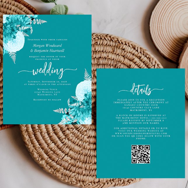 Budget Turquoise Silver Floral QR Code Wedding (Von Creator hochgeladen)