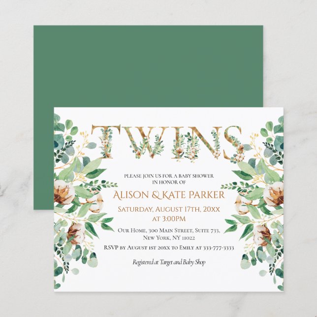 Budget Twin Baby Dusche Eucalyptus Gold Einladung (Vorne/Hinten)