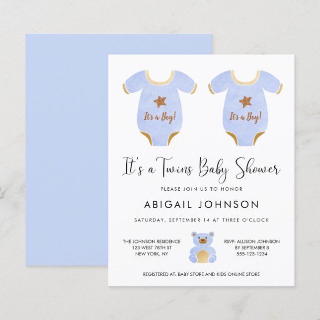 Budget Twin Boys Baby Dusche Einladung (Vorne/Hinten)