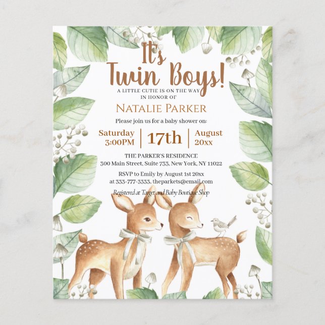 Budget Twin Boys Woodland Sage Floral Baby Dusche Flyer (Vorne)