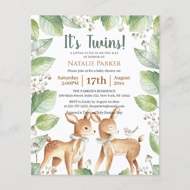 Budget Twins Forest Woodland Floral Baby Dusche Flyer (Vorne)