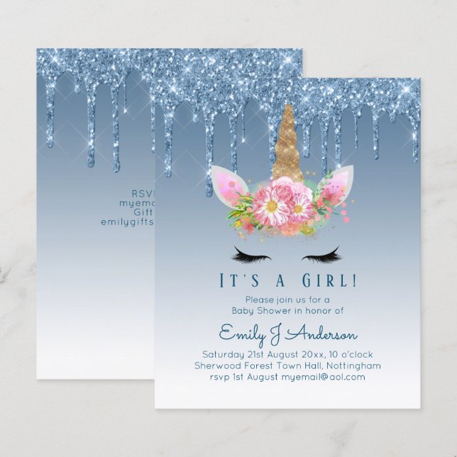 Budget Unicorn Baby Shower Blue Girls Niedlich (Vorne/Hinten)