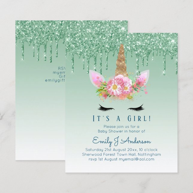 Budget Unicorn Baby Shower Green Girls Niedlich (Vorne/Hinten)