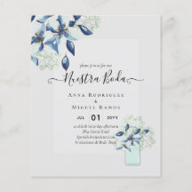 Budget Unsere Hochzeit Navy Blaue Blumen Einladung