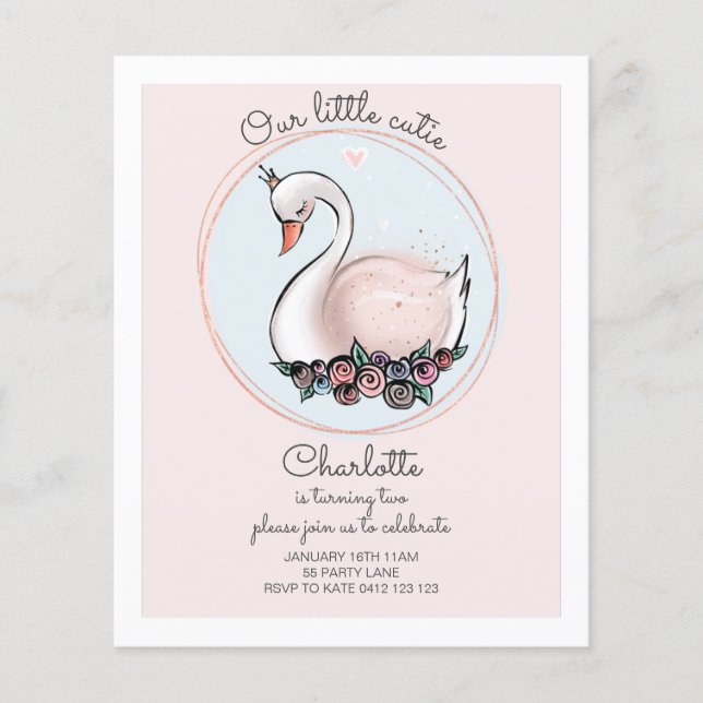 BUDGET Unsere kleine Süsse Rosa Schwan Einladung (Vorderseite)