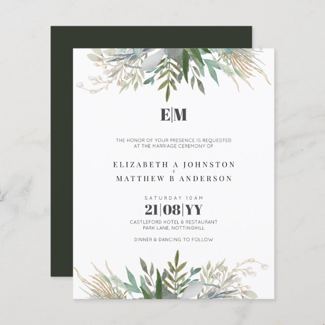 Budget Verdure Feuille Typographie Mariage Invite (Devant / Derrière)