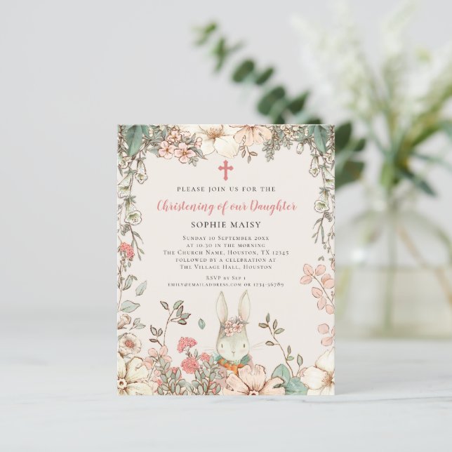 Budget Vintag Bunny Girl Christening Einladung (Stehend Vorderseite)