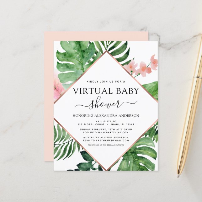 Budget Virtual Baby Dusche Tropical Palm (Vorderseite/Rückseite Beispiel)