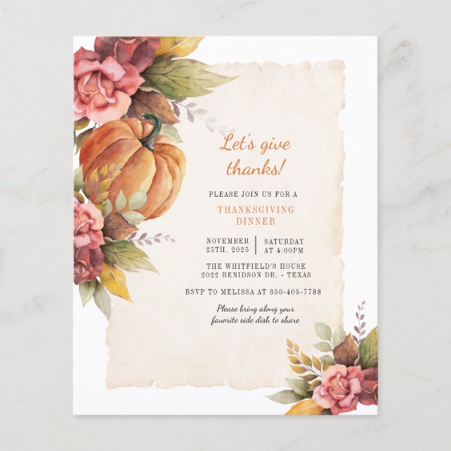 Budget Wassercolor Pumpkin Erntedank Dinner Flyer (Vorne)