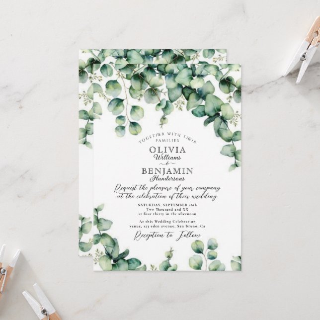Budget Wasserfarbe Eukalyptus Grüne Hochzeit Einladung (Vorderseite/Rückseite Beispiel)