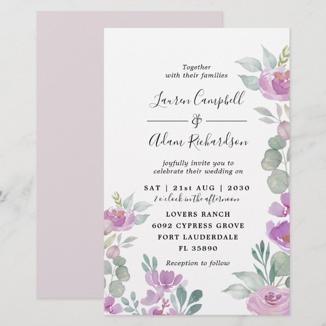 Budget Wasserfarbe Eukalyptus Pink Hochzeit Einlad (Vorne/Hinten)