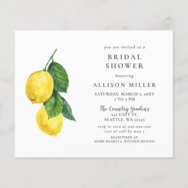 Budget Wasserfarbe Lemon Bridal Dusche Einladung (Vorderseite)