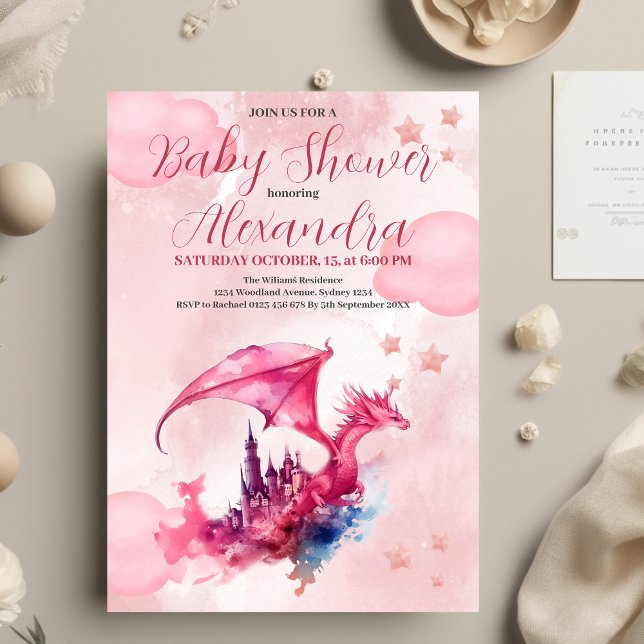 Budget Wasserfarbe Rosa Dragon Babydusche Flyer (Von Creator hochgeladen)