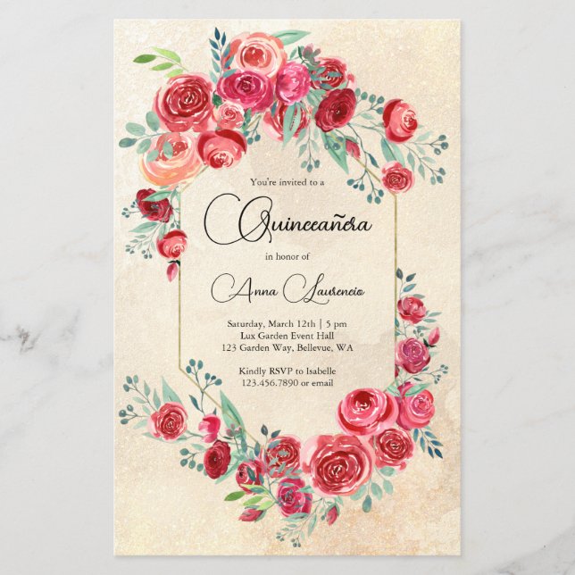 Budget Wasserfarben Rote Rosen Quinceanera Einladu Flyer (Vorne)
